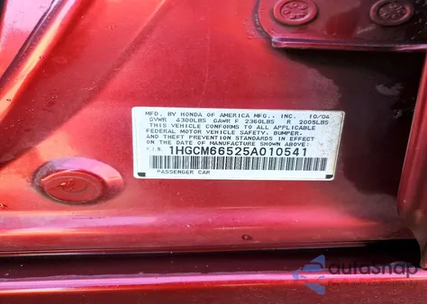 2005 Honda Accord Ex z USA, uszkodzony, nr VIN 1HGCM66525A010541